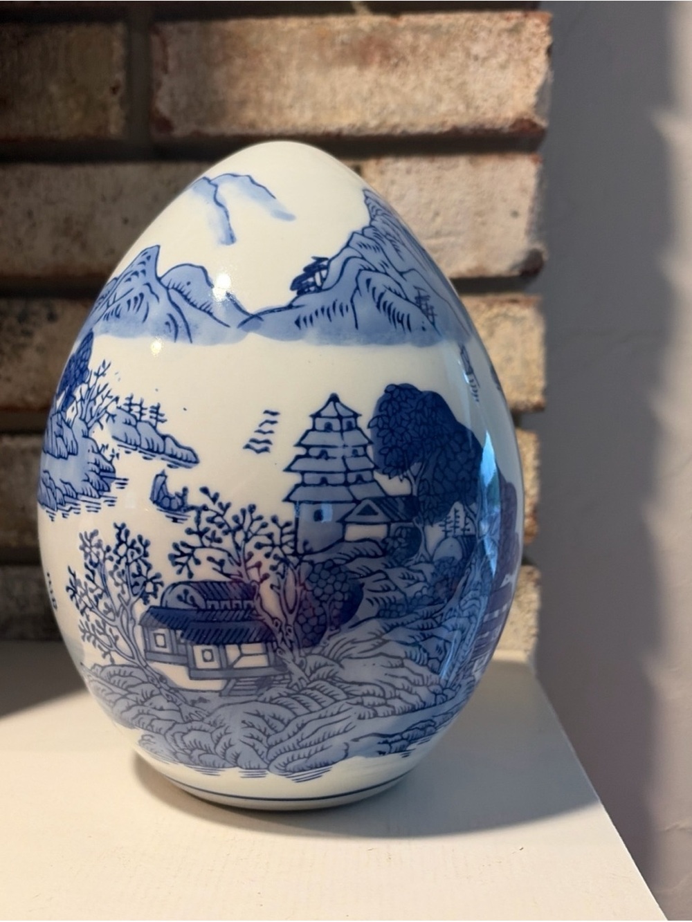 Chinese Blue Canton Large Mt. Fuji Egg 7.5"